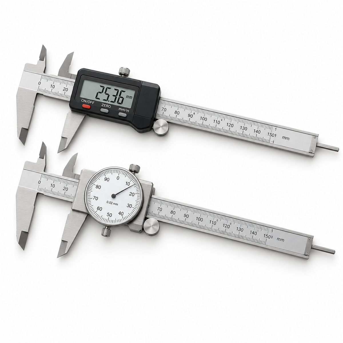 Digital and dial 150 millimetre stainless steel vernier calipers