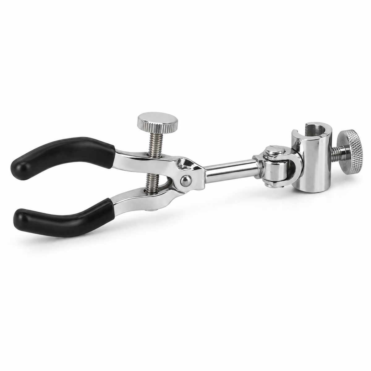 Two-prong swivel laboratory clamp with vinyl-coated jaws and bosshead