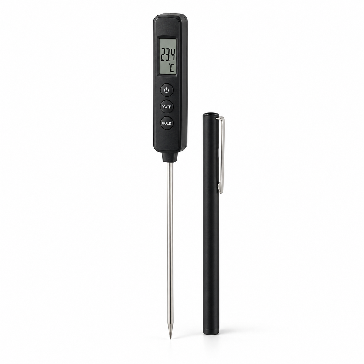 Digital thermometer with vertical barrel and stainless steel probe