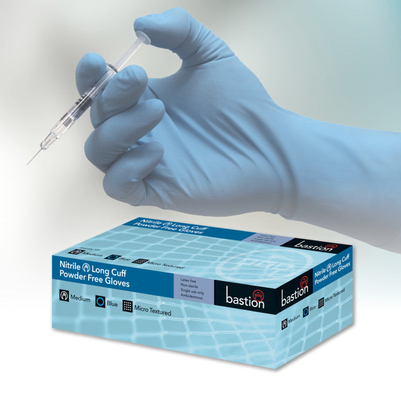 Bastion Gloves examination 300mm long cuff nitrile powder free finger micro-textured soft blue small