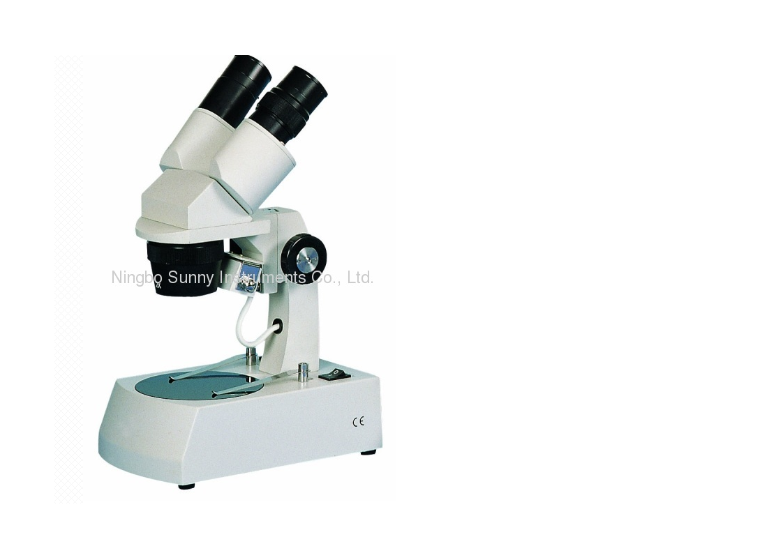Prism Optical Microscope, student, binocular stereo microscope, 45° inclined view tube, WF10X eyepieces, 2x and 4x stereo objectives, with above and below specimen halogen illumination.