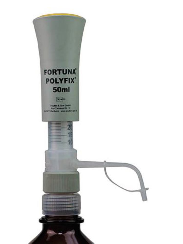 Fortuna Polyfix Bottle-Top Dispenser Amber Glass/Glass Piston 10-50mL