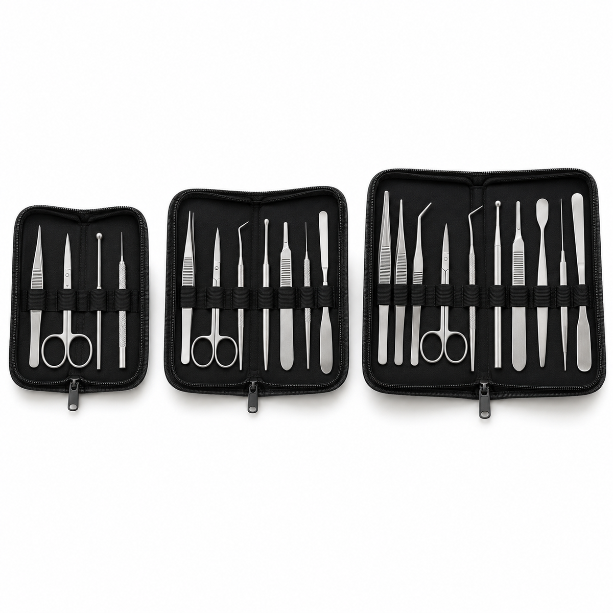 Science Essentials dissecting kits in 4, 7 and 10 instrument sizes