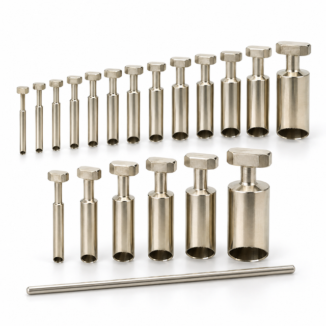 Nickel-plated brass laboratory cork borer sets with clearing rod