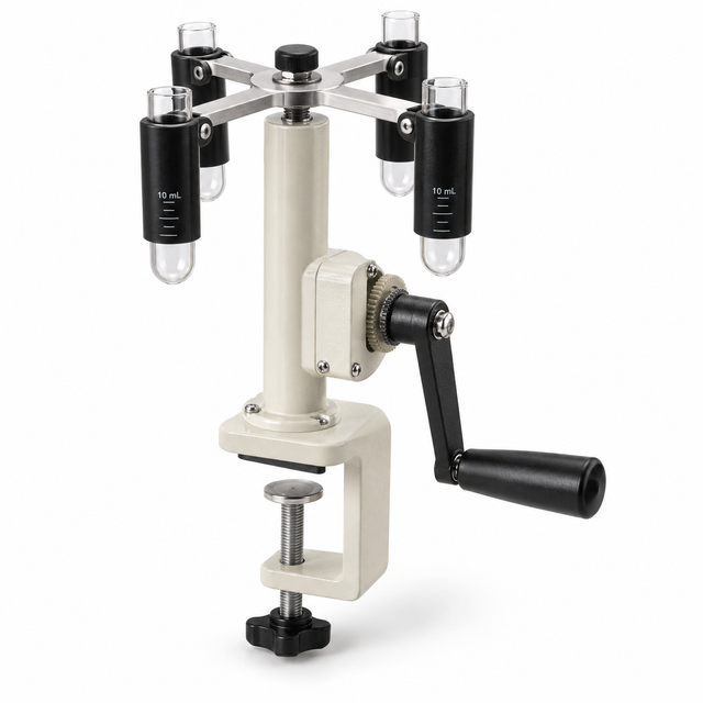 Hand-operated four-place centrifuge with four sleeves and four 10 mL glass tubes