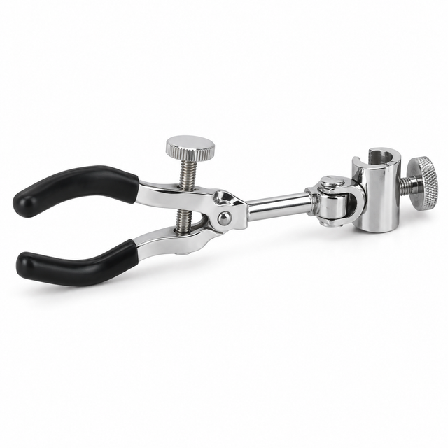Two-prong swivel laboratory clamp with vinyl-coated jaws and bosshead