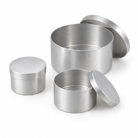 Aluminium laboratory moisture dishes with fitted lids in multiple sizes