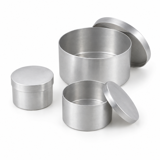 Aluminium laboratory moisture dishes with fitted lids in multiple sizes