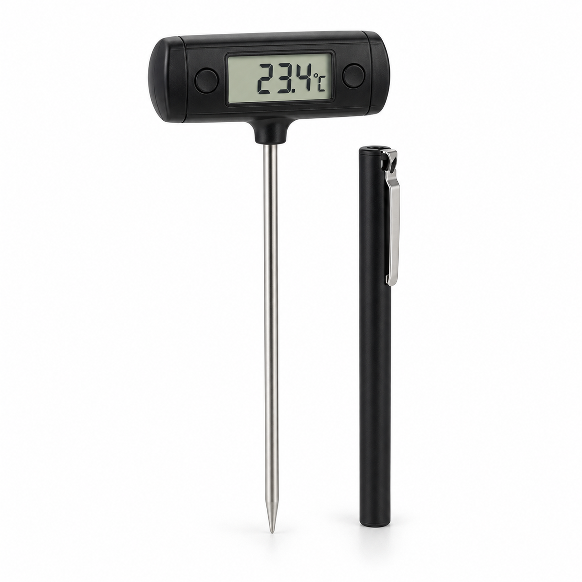 Digital thermometer with horizontal barrel and stainless steel probe