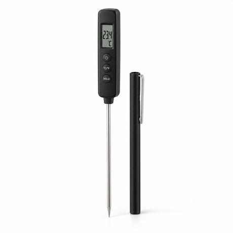 Digital thermometer with vertical barrel and stainless steel probe