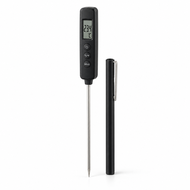 Digital thermometer with vertical barrel and stainless steel probe