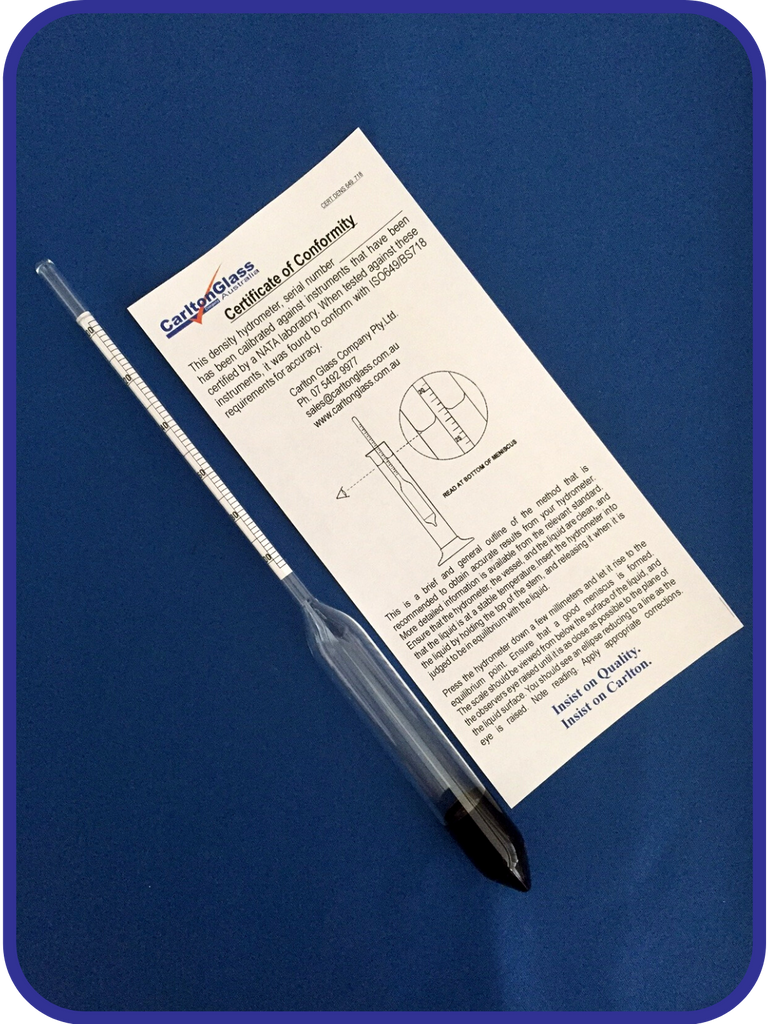 Carlton Hydrometer alcoholometer set, 70-100 hydrometer, with jar, temp correction chart & hand-rub formula.