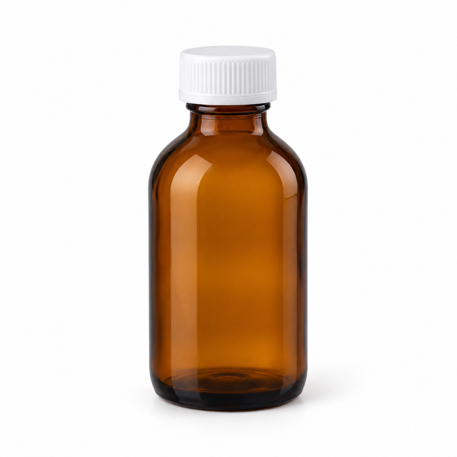 Science Essentials amber pharmaceutical bottle with white cap