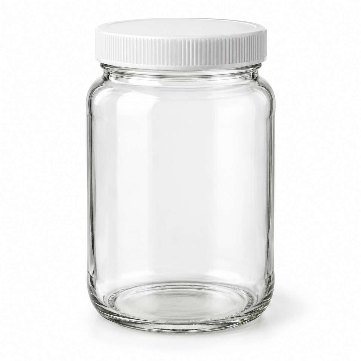 Science Essentials clear round glass jar with white cap