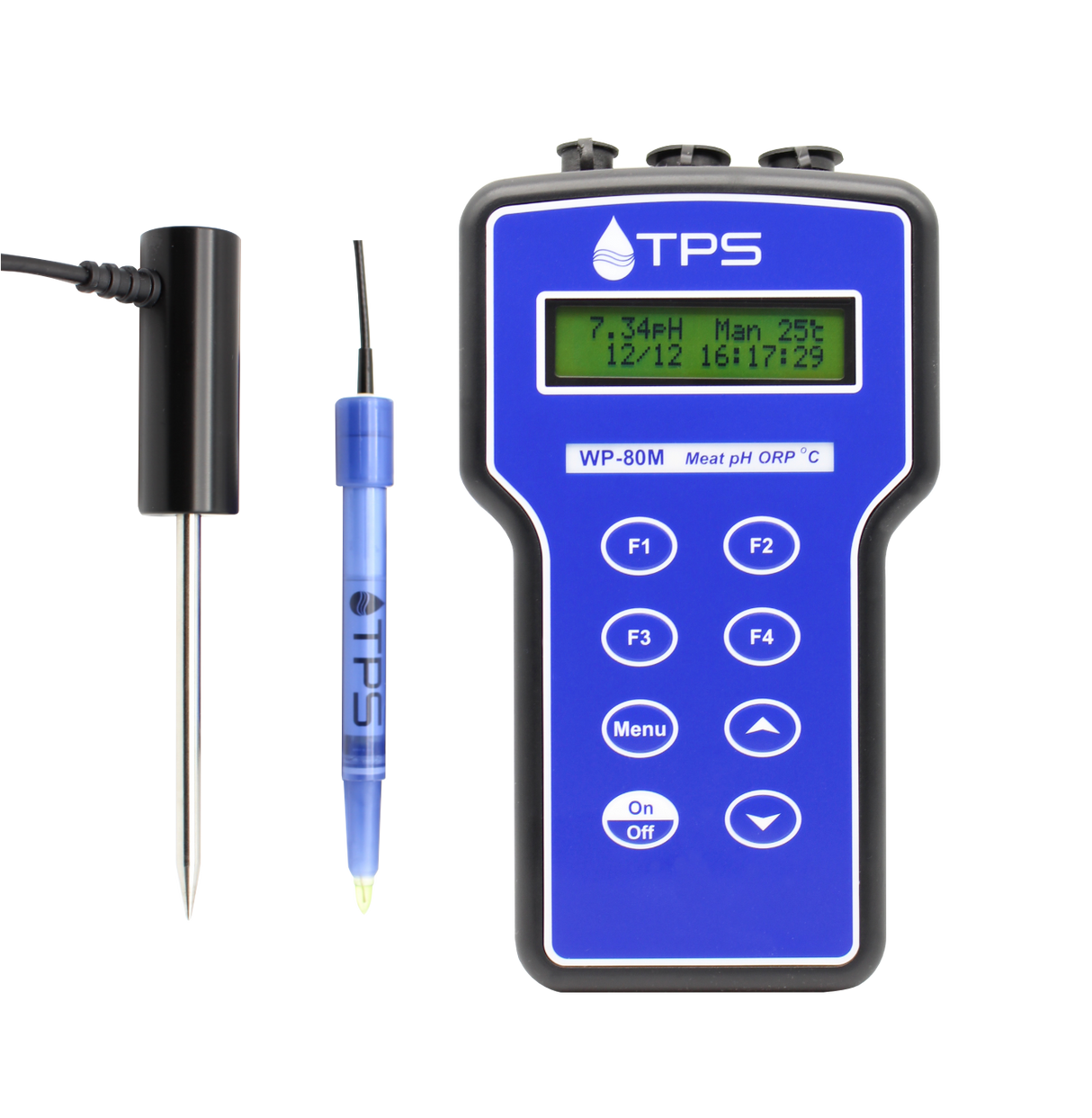 TPS Meter pH/Temp/ATC for MEAT Industry, with IJ44C pH & Stab-Type Temp Probe, with 1m cables & buffers, WP80M
