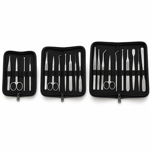 Science Essentials dissecting kits in 4, 7 and 10 instrument sizes