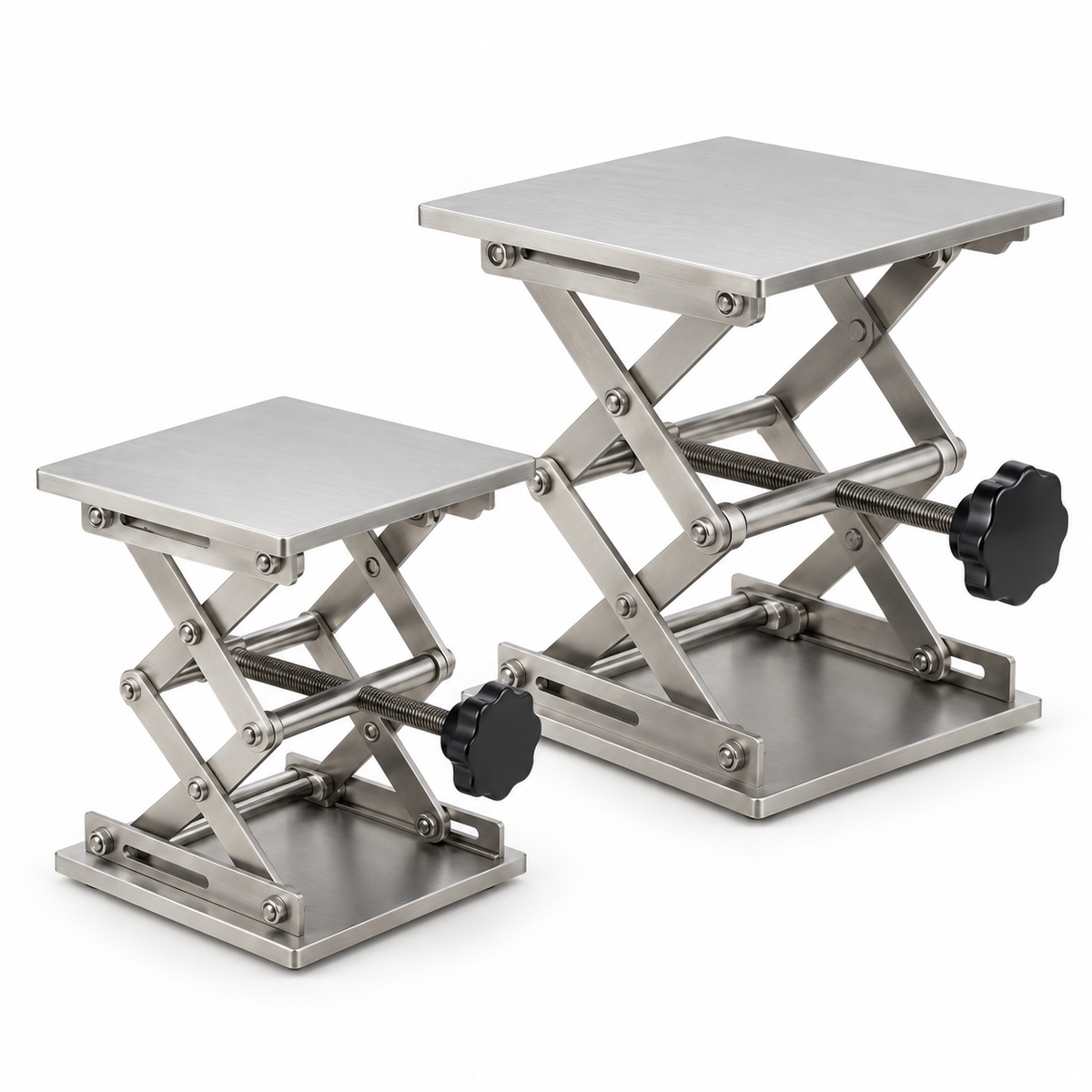 Science Essentials laboratory screw jacks with 150 mm and 200 mm platforms